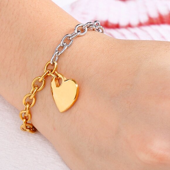 3/$35 18K Gold Plated & Silver Heart Charm Bracelet Two Tone Chain Link Jewelry - Picture 8 of 9